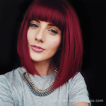 Short Bob Hair Wigs Straight  Wine Red Hair with Bangs Synthetic Colorful Cosplay Daily Party Wig for Women Natural As Real Hair